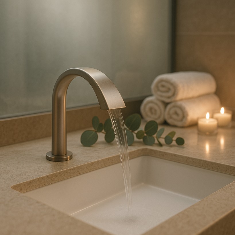 Commercial restroom with coordinated sink fixtures and wall finishes